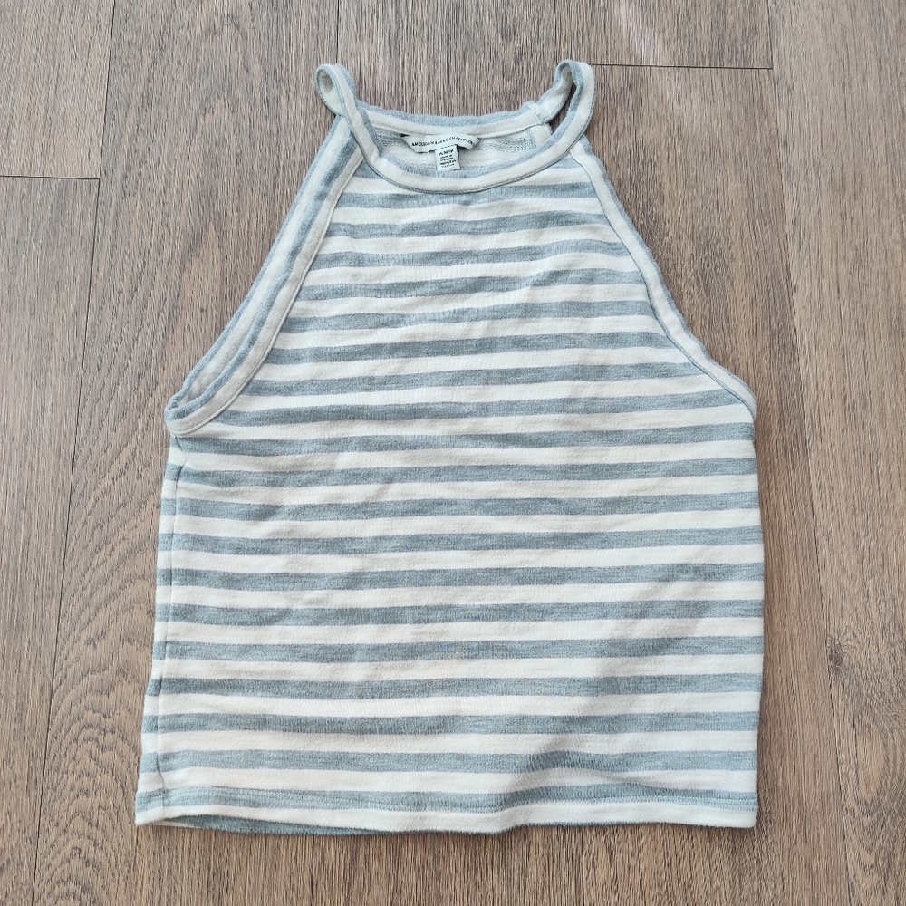 American Eagle Gray & White Striped Stretchy Cropped Tank Top